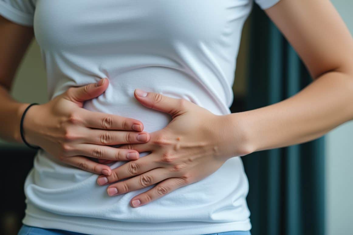 Eine Frau hält sich aufgrund von Magendruck den Bauch