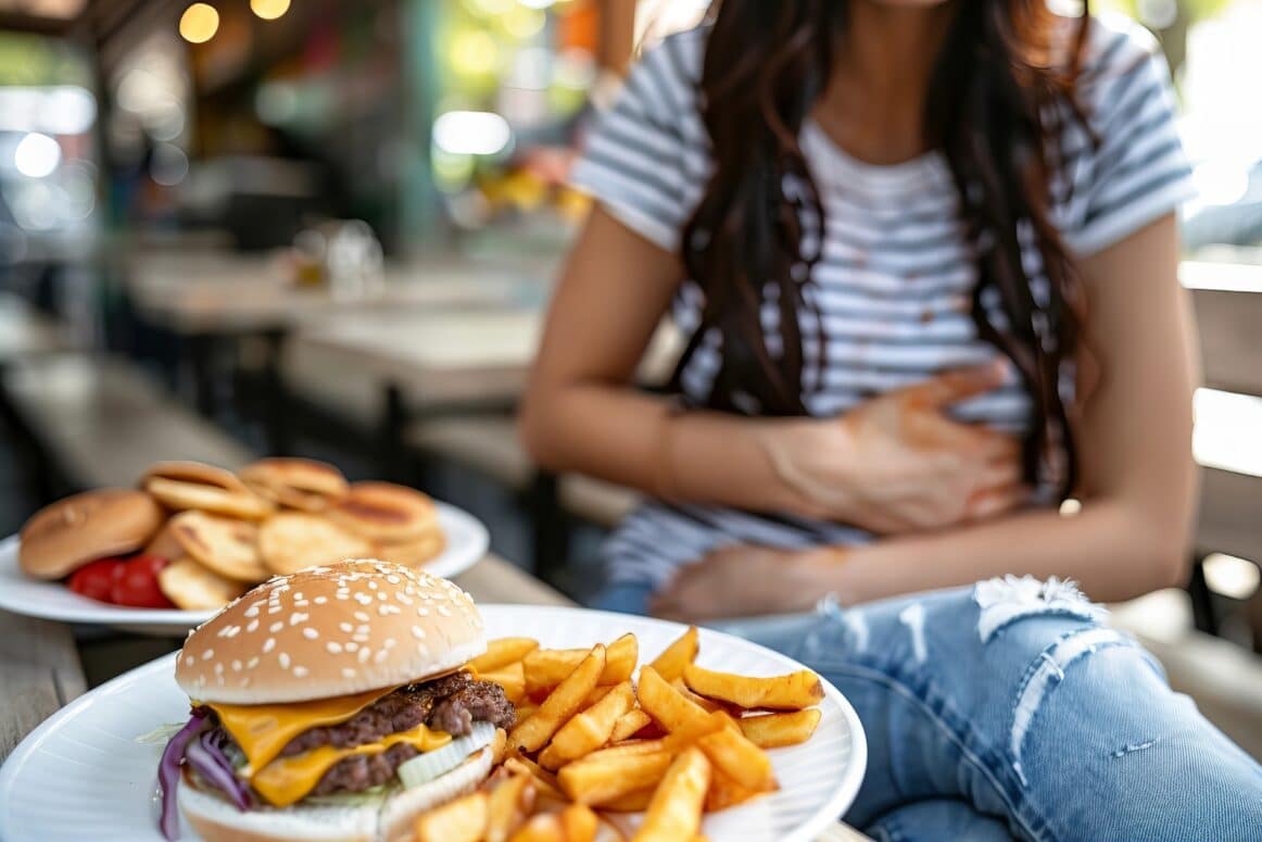 Frau mit Bauchschmerzen beim Verzehr von fettigen Speisen