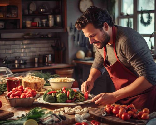 Man preparing delicious and healthy food in the home kitchen for christmas